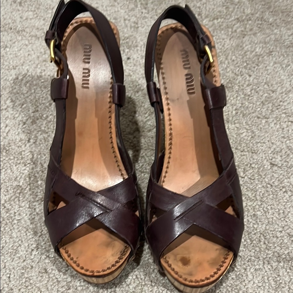 Dark Brown Wedge Sandals with Slingback and X-Strap Design